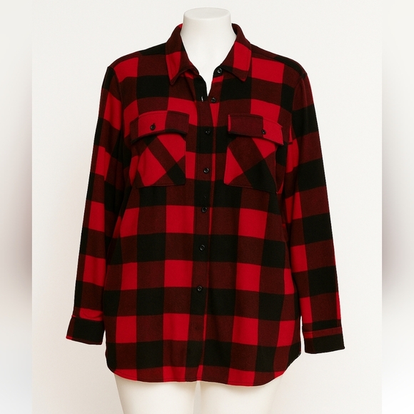 Love Potion Buffalo Plaid Shacket Red Black Fleece Lined Flannel Jacket 1X - Picture 1 of 5